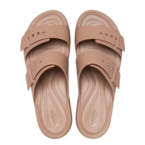 Crocs Brooklyn Buckle Wedges Latte Lightweight Comfort Sandals Size 9 New - Picture 3 of 11